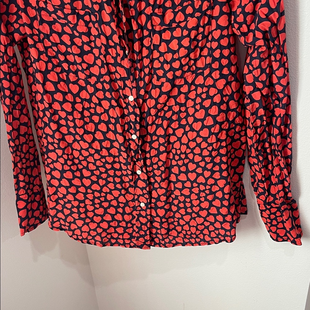 J. CREW silk button blouse, black with red hearts - Picture 4 of 7